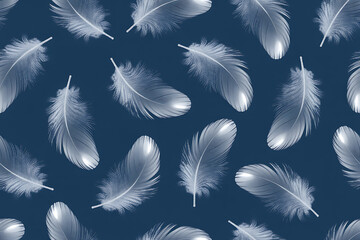 Obraz premium A seamless pattern of delicate white feathers scattered across a deep navy blue background