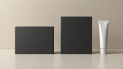 Elegant product presentation of black box and tube. This image presents two black boxes next to a white tube on a smooth surface