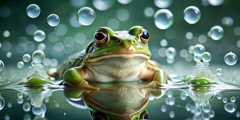 Serene Green Amphibian in Sparkling Water, Calmly Reflecting in a Tranquil Pond