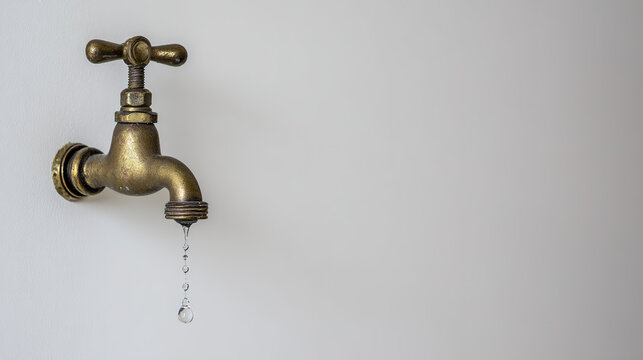 leak. A vintage brass water faucet with a single droplet hanging from its spout. bar promotions, beverage menus, designed for product packaging and bar promotions, elevates brand perception.
