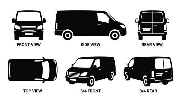 Comprehensive Van Illustration Depicting Front, Side, Rear, and Top Views