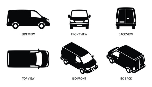 Black Van Illustration Set: Vehicle Views - Side, Front, Back, Top & Isometric
