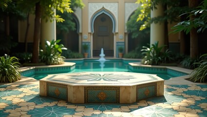 An elegant architectural design with a central pool featuring exquisite patterns and arches amidst lush greenery
