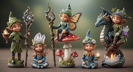 Whimsical collection of fantasy elf and fairy figurines with magical staffs and a dragon.