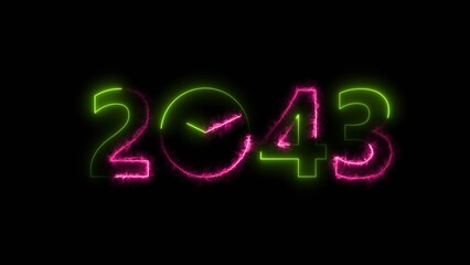 2043 digital text celebration and Calendar neon bright colorful illustration . Clock icon timer concept on black background. 