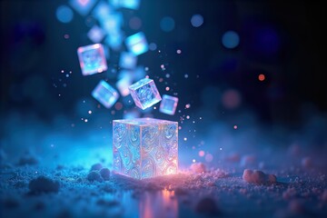 Illuminating ice cubes with a mystical glow. A captivating visual of ice cubes glowing in the snow, with an interplay of light and shadow