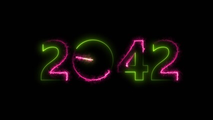 2042 digital text celebration and Calendar neon bright colorful illustration . Clock icon timer concept on black background. 