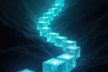 Illuminated blocks create a path in a digital landscape, a representation of technology and data 