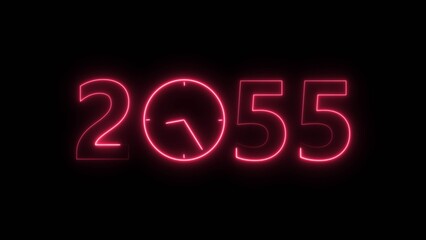 2055 digital text celebration and Calendar neon bright magenta red color illustration. Clock icon timer concept on black background.  