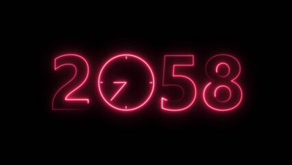 2058 digital text celebration and Calendar neon bright magenta red color illustration. Clock icon timer concept on black background.  
