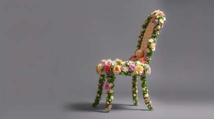 A floral chair, an innovative and imaginative art. This art is surrounded by floral decoration, creating a unique display