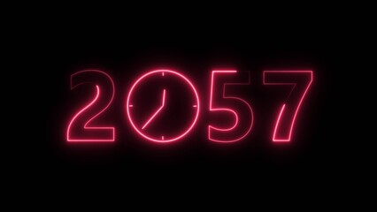 2057 digital text celebration and Calendar neon bright magenta red color illustration. Clock icon timer concept on black background.  