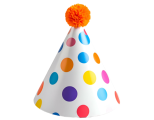 Brightly colored party hat with orange pompom