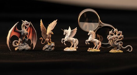 Collection of miniature mythical creature figurines including a dragon, griffin, unicorns, and hydra, with a magnifying glass.
