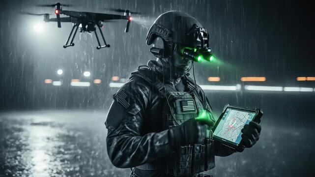 Soldier controlling drone. Military operator using night vision goggles and tablet for covert mission. Surveillance technology concept.