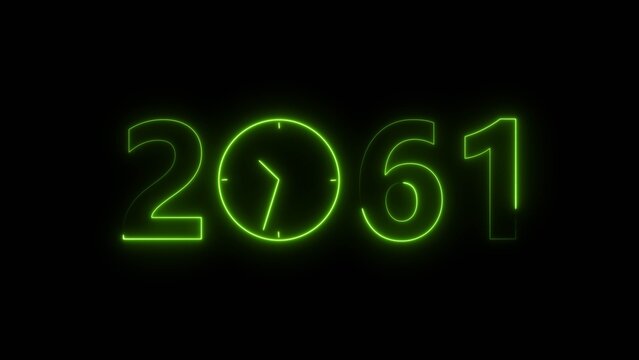 2061 digital text celebration and Calendar neon bright lime green color illustration. Clock icon timer concept on black background. 