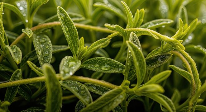 Vibrant green leaves of fresh aromatic herbs, glistening with morning dew drops, captured in a close-up shot highlighting natural beauty and healthy growth