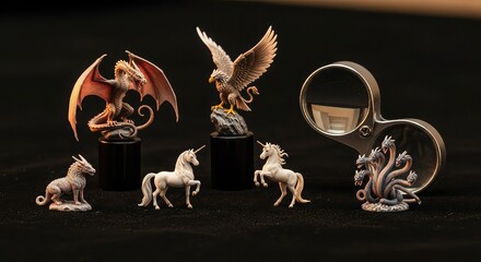 Collection of mythical creature figurines including dragons, unicorns, and an eagle, displayed on a dark background.