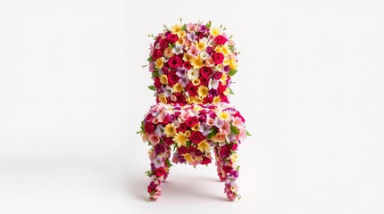 A chair completely adorned with vibrant flowers. It showcases an artistic and creative blend of flora