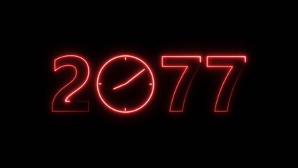 2077 digital text celebration and Calendar neon bright red color illustration. Clock icon timer concept on black background.