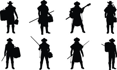 Set of black silhouettes depicting various travelers, adventurers, and minstrels with their gear, isolated on