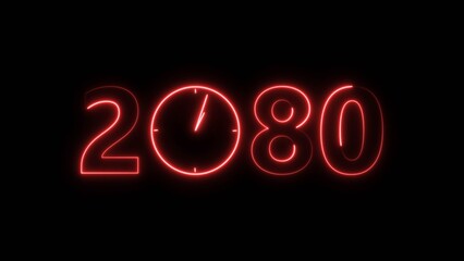 2080 digital text celebration and Calendar neon bright red color illustration. Clock icon timer concept on black background.