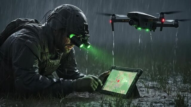 Soldier operating drone with tablet on ground. Military night vision device. Tactical covert operation, battlefield intelligence concept.