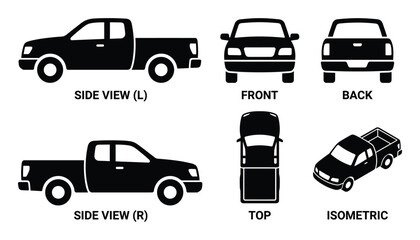 Obraz premium Detailed Illustration of Pickup Truck Views: Side, Front, Back, Top, Isometric