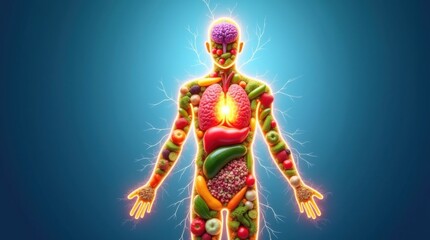 Alimentos nutritivos como frutas, verduras y cereales integrales se disponen para formar una figura humana brillante