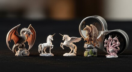 A collection of detailed miniature figurines depicting various mythical creatures like dragons, unicorns, and a hydra.
