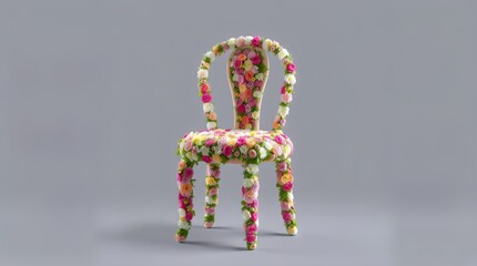 An elegant chair adorned with colorful flowers, showcasing a unique floral design. The chair blends nature and artistry, demonstrating creativity and design