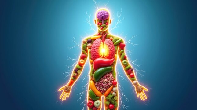 Alimentos nutritivos como frutas, verduras y cereales integrales se disponen para formar una figura humana brillante