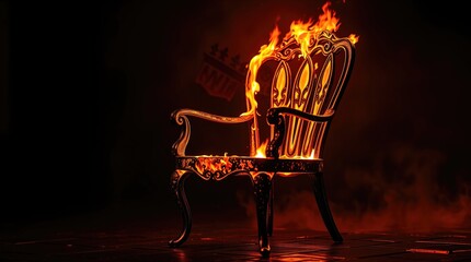 A luxurious chair engulfed in flames. The fire consumes the chair, creating a dramatic and intense visual. The background is dark, and the chair is a focal point of the scene