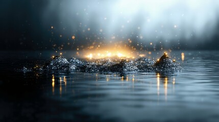 Abstract scene of dark, textured mounds emerging from water, illuminated by bright, golden sparks and bokeh lights. The background is dark and misty, with a sof