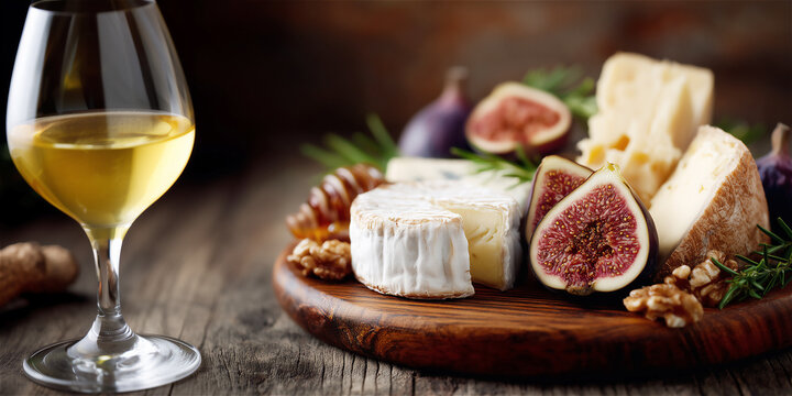 Assorted gourmet cheese and fresh figs arranged with a glass of white wine on rustic wooden board, creating elegant food styling and cozy dining atmosphere.