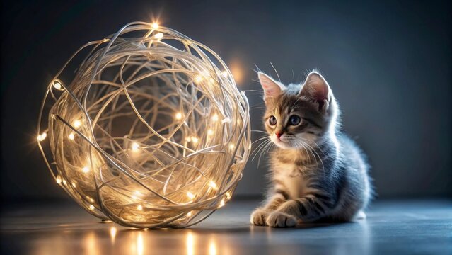 A curious kitten observes a luminous sphere of tangled fairy lights, a captivating scene of warmth and wonder.
