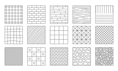 Landscape Architecture CAD Vector Patterns Set. Grass, Water, Stone, Wall, and Texture Elements	
