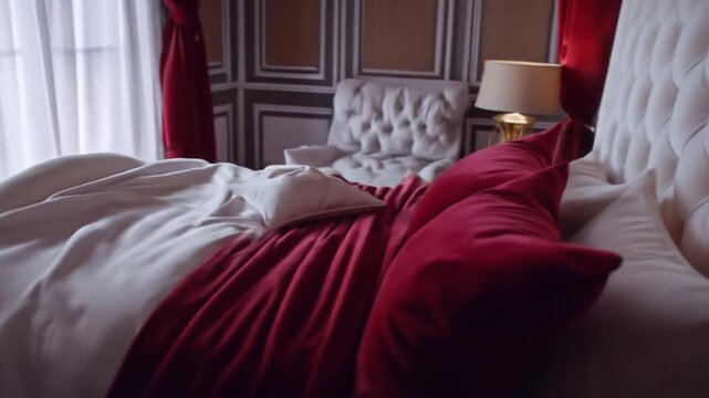 Elegant bedroom interior overhead view with red accents and luxury decor