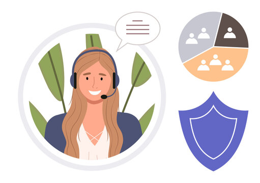 Smiling woman with headset, speech bubble, and team collaboration pie chart, shield symbol. Ideal for customer service, teamwork, communication, analytics security support professionalism. A