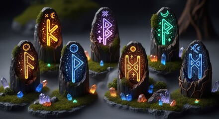 Mystical glowing runestones and crystals arranged on grassy mounds in a magical, misty landscape.