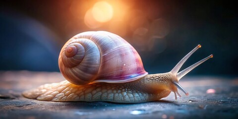 A land snail with a spiraled shell, illuminated by a warm, ambient light, slowly makes its way across a dark, textured surface.