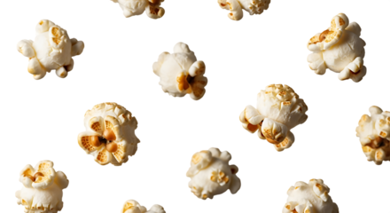 Deliciously popped corn kernels scattered individually isolated on transparent background