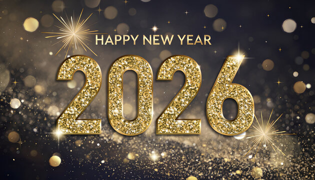 Happy New Year 2026 golden festive celebration with sparkling background