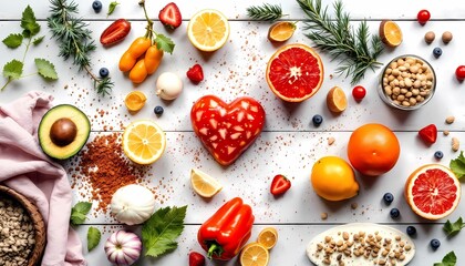 Healthy food with heart shaped ingredients on white wooden background, top view