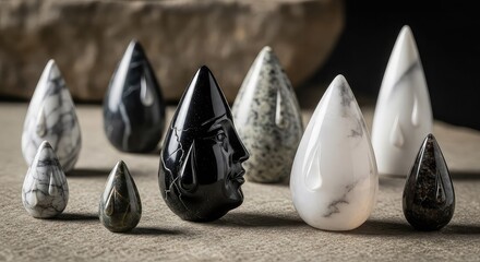 A collection of polished teardrop-shaped stone and mineral carvings, including one with a carved human profile.