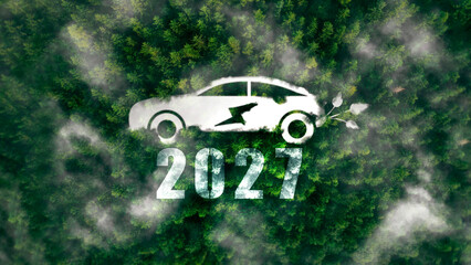 Electric car over a green forest, symbolizing clean energy and sustainability in 2027.Electric vehicle growth accelerates in 2027, highlighting rising demand and cleaner mobility.