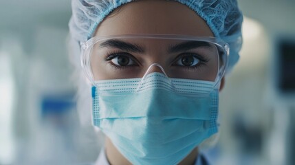 Close-up of a doctor wearing surgical mask, cap, and protective glasses in an operating room.