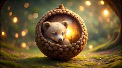 Fototapeta premium A captivating image of a brown bear cub nestled inside a large acorn, surrounded by a soft, glowing, magical forest at sunset.