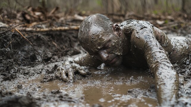 Man covered in mud crawling through a muddy forest area.