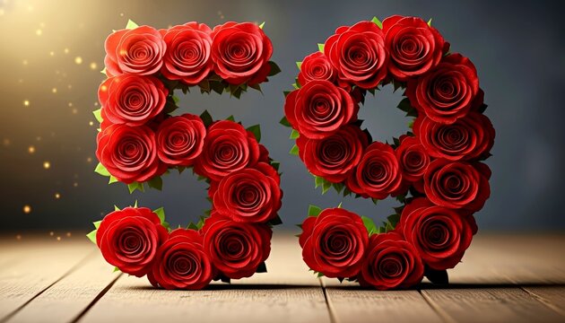 Number 59 made of red roses on wooden surface with soft lighting  